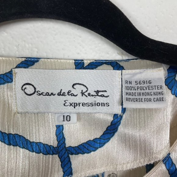 VTG Oscar de la Renta Expressions Woman's Sz 10 White & Blue Rope Satin Blouse - Picture 3 of 9